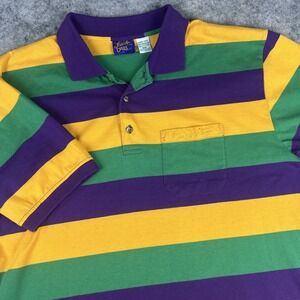 Vtg New Orleans Mardi Gras Polo Shirt Men XXL Green Purple Yellow Striped Pocket